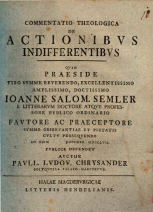 Commentatio theologica de actionibus indifferentibus