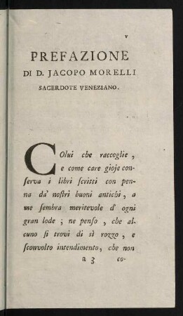 V-XXII, Prefazione di D. Jacopo Morelli Sacerdote Veneziano