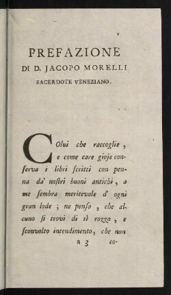 V-XXII, Prefazione di D. Jacopo Morelli Sacerdote Veneziano