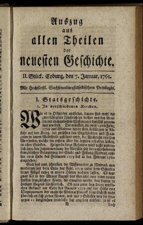 II. Stück. Coburg, den 7. Januar, 1761.