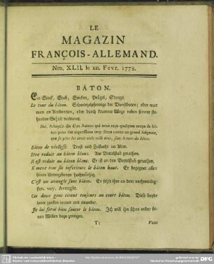 Nro. XLII. le XII. Fevr. 1778