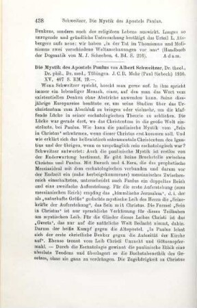 438-441 [Rezension] Schweitzer, Albert, Die Mystik des Apostels Paulus