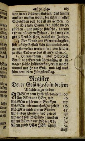 Register Derer Gesänge, so in diesem Büchlein zu finden.