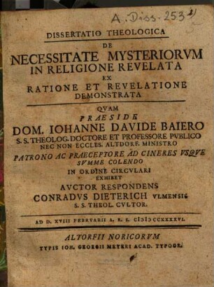 Dissertatio theologica de necessitate mysteriorum in religione revelata ex ratione et revelatione demonstrata