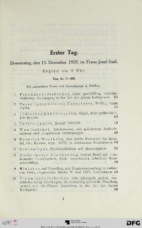 Erster Tag: Donnerstag, den 12. Dezember 1929, im Franz-Josef-Saal: Beginn um 3 Uhr (Nr. 1-280)
