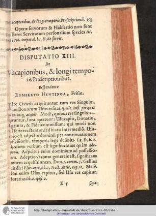 Disputatio XIII. De Vucapionibus, & longi temporis Praescriptionibus
