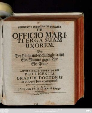 Disputatio Inauguralis Juridica De Officio Mariti Erga Suam Uxorem