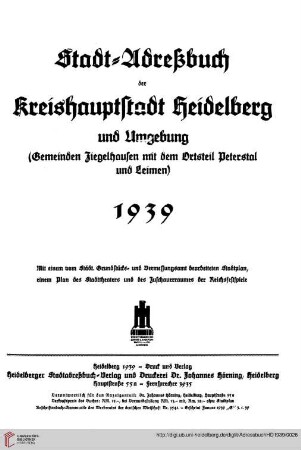 Stadt-Adreßbuch der Kreishauptstadt Heidelberg und Umgebung: Gemeinden Ziegelhausen mit dem Ortsteil Peterstal und Leimen: Stadt=Adreßbuch der Kreishauptstadt Heidelberg und Umgebung