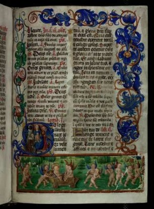Bas-de-page-Miniatur: Anbetung der Könige; historisierte Initiale: O (Virge); Rankenbordüre