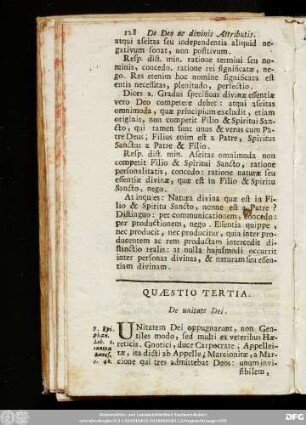 Quaestio Tertia. De unitate Dei.