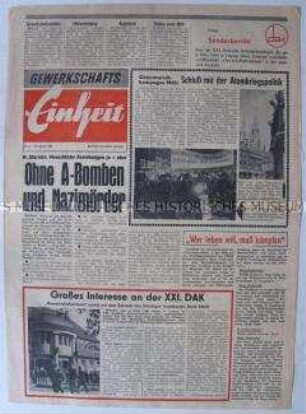 Propagandazeitung aus der DDR für die Gewerkschafter in der Bundesrepublik u.a. zu den bevorstehenden Ostermärschen gegen die atomare Aufrüstung