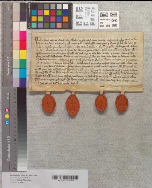 Dekan Everhard, Thesaurar Symon von Retberg, Kantor Arnold und Archidiakon Gerhard von Varendorpe zu Melle, Kanonici von Osnabrück bekunden, daß Holt, genannt Kedinc, Knappe, dem Kloster Marienfeld sein großes Steinhaus in der Rodingerstrate zu Osnabrück mit Zubehör geschenkt habe. Vertreter des Klosters Marienfeld: die Mönche Richard und Bertold.