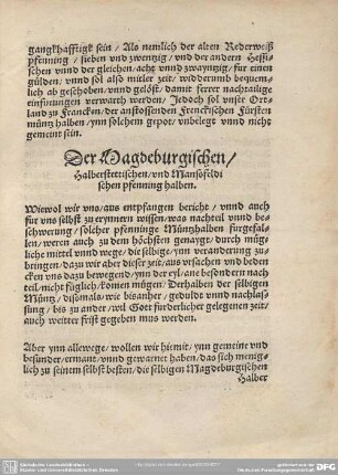 Der Magdeburgischen / Halberstettischen / und Manssfeldischen pfenning halben.