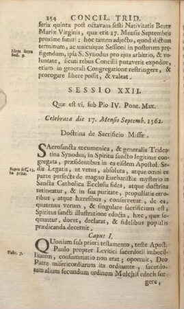 Sessio XXII. Quae est vi. sub Pio IV. Pont. Max. Celebrata die 17. Mensis Septemb. 1562. Doctrina de Sacrificio Missae.