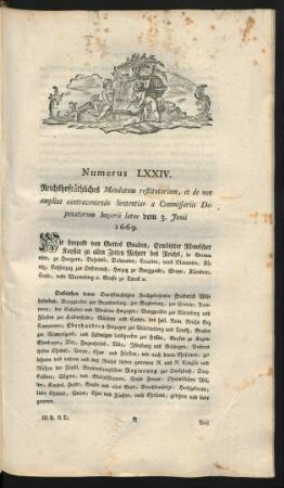 Numerus LXXIV. Reichshofräthliches Mandatum restitutorium, et de non amplius contraveniendo Sententiae a Commissariis Deputatorum Imperii latae vom 3. Junii 1669.