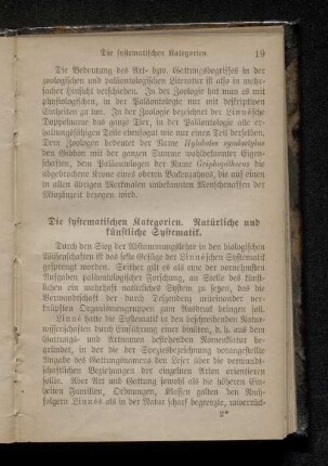 Die systematischen Kategorien. Natürliche und künstliche Systematik.