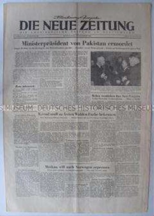 Tageszeitung der US-Armee "Die Neue Zeitung" u.a. zur Ermordung des pakistanischen Ministerpräsidenten Ali Khan