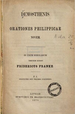 Demosthenis Orationes Philippicae novem : in usum scholarum, 1. Orationes sex priores continens