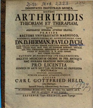 Dissertatio Inavgvralis Medica, Sistens Arthritidis Theoriam Et Therapiam