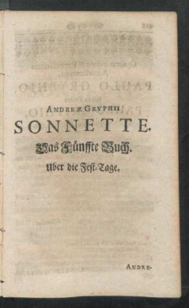 Andreae Gryphii Sonnette. Das Fünffte Buch. Uber die Fest-Tage.