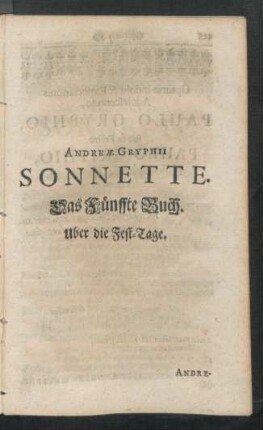 Andreae Gryphii Sonnette. Das Fünffte Buch. Uber die Fest-Tage.