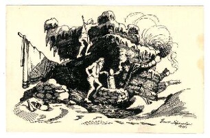 Postkarten mit humoristischen Zeichnungen aus dem Alpenkrieg, jeweils mit Zensurvermerk 06.12.1915: (auf Vorposten)