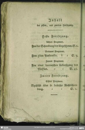 Inhalt der ersten, und zweiten Fortsezung
