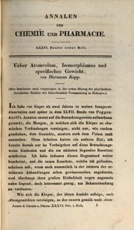 Annalen der Chemie und Pharmacie : vereinigte Zeitschrift des Neuen Journals der Pharmacie für Ärzte, Apotheker und Chemiker u. des Magazins für Pharmacie und Experimentalkritik. 36. 1840