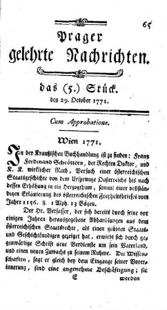 das (5.) Stück. den 29. October 1771.