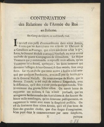 Continuation des Relations de l'Armée du Roi en Boheme : Du Camp de Chlum, ce 14 d'Aoust, 1745