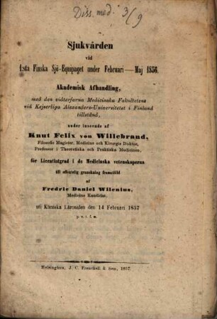 Sjukvården vid 1:sta Finska Sjö-Equipaget under Februari-Maj 1856 : (Akademisk Afhandling)