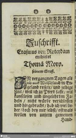 Zuschrifft. Erasmus von Roterdam entbietet Thoma Moro. seinem Gruß.