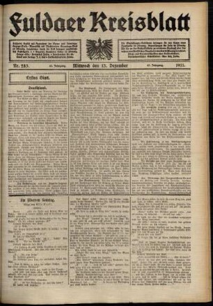 Erste Ausgabe vom Mittwoch, den 13. Dezember 1911.