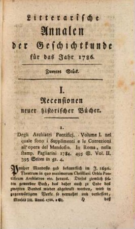 Litterarische Annalen der Geschichtkunde in und außer Teutschland : für das Jahr ..., 2. 1786
