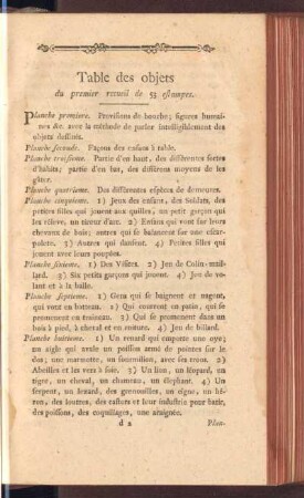 Table des objets du premier recueil de 53 estampes