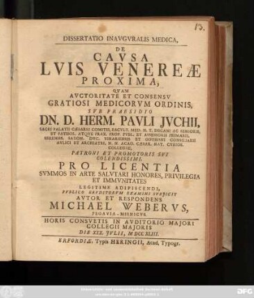 Dissertatio Inavgvralis Medica, De Cavsa Lvis Venereae Proxima