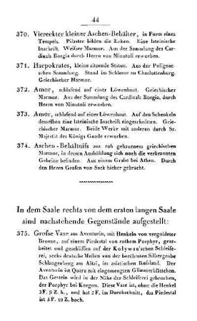 In dem Saale rechts von dm ersten langen Saale sind nachstehende Gegenstände aufgestellt: