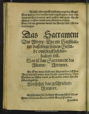 Sacrament Des Altars, Wie ein Haußvatter dasselbige seinem Gesinde einfeltigklich fürhalten soll