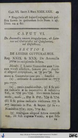 Caput VI. De Anomaliis vocum irregularium, ob Literas vel Gutturales vel Quiescentes, vel Defectivas.