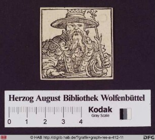Brustbildnis eines langbärtigen Fürsten mit breitkrempigem Hut, Krone und Szepter in Rüstung.