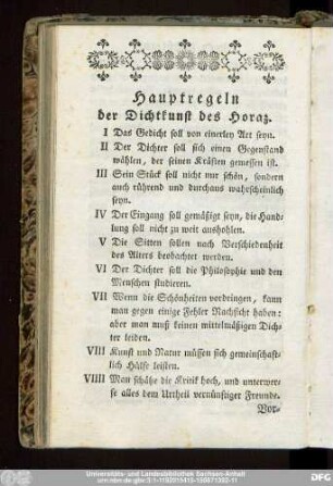 Hauptregeln der Dichtkunst des Horaz.