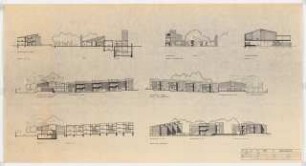Gartenanlage des Instituts zur Erlangung der Hochschulreife, Oberhausen: Schulgebäude: Ansichten, Schnitte 1:200