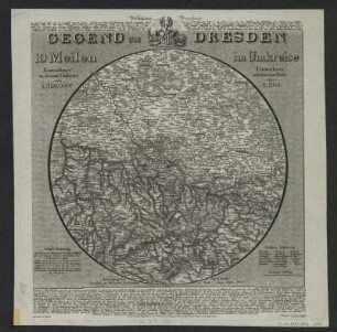 Umgebungskarte von Dresden, 10 Meilen im Umkreis, ca. 1:600 000, Kupferstich, 1828