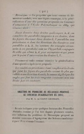 Solution du problème de mécanique proposé au concours d'agrégation en 1894.