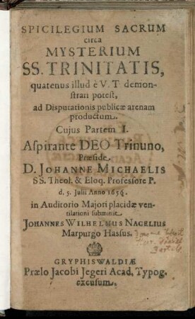 Spicilegium Sacrum circa Mysterium SS. Trinitatis, quatenus illud e V. T. demonstrari potest, ad Disputationis publicae arenam productum