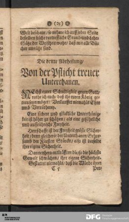 Die dritte Abtheilung/ Von der Pflicht treuer Unterthanen.