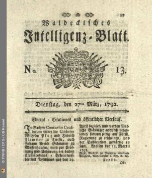 No. 13. Dienstag, den 27ten Maerz, 1792