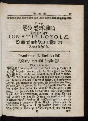 Kurtze Lob-Verfassung Deß Heiligen Ignatia Loyolae, Stiffters und Patriarchen der Societät Iesu