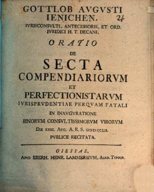 Oratio de secta compendiariorum et perfectionistarum iurisprudentiae perquam fatali