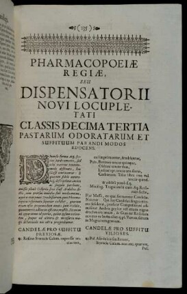 Classis Decima Tertia. Pastarum Odoratarum Et Suffituum Parandi Modos Edocens.